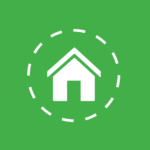 White vector graphic of home surrounded by a dashed circle perimeter on a green background. 