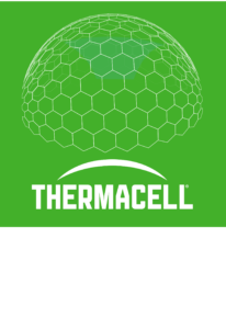 White vector graphic of dome showing Thermacell coverage on green background.